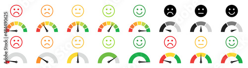 Scale meter level, barometer mood icons. Vector dial gauges, speedometers with emotions and emoji smile faces. Infographic, indicator of pain, stress, negative to satisfaction, positive, happy. Score photo