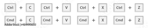 Ctrl C, Ctrl V, Ctrl Z, Ctrl X keyboard buttons for control, copy, paste, cut, past shortcuts. White computer key, icons with command, shift, alt, cmd for pc. Isolated press symbols, sign.Graphic EPS photo
