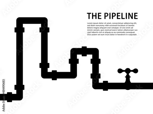 Vector plumbing pipeline for water, gas and oil. Pipe system with valves technology icon. Yellow construction infographic of heating, sewer for supply, business,refinery,factory,sewerage illustration