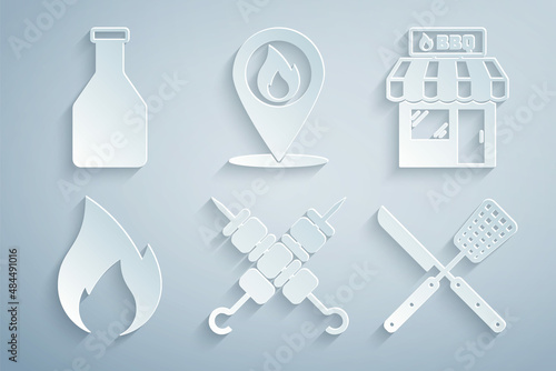 Set Grilled shish kebab, Barbecue shopping building, Fire flame, Crossed knife and spatula, Location with fire and Ketchup bottle icon. Vector
