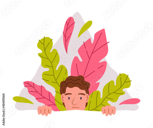 Smiling Man Peeking Out of Window with Colorful Foliage Vector Illustration