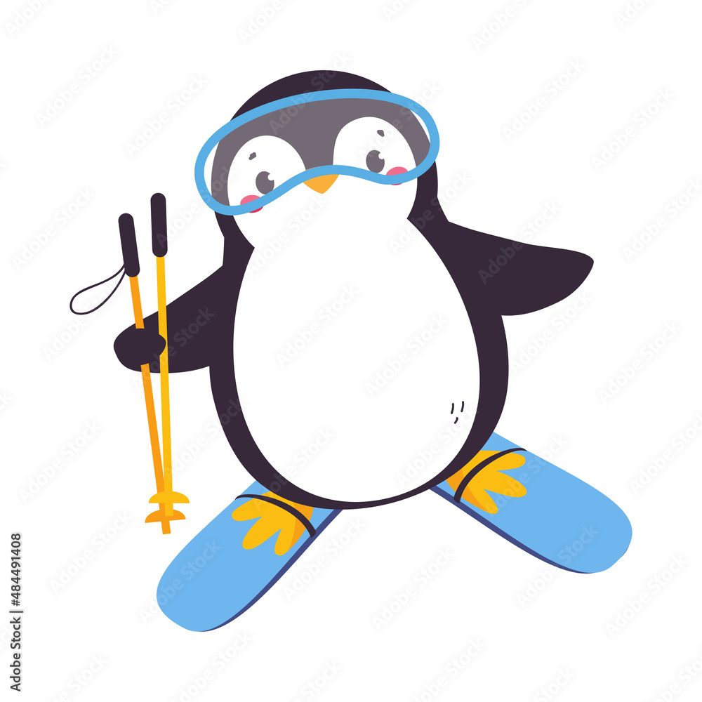 Obraz premium Cute Penguin with Red Cheeks Wearing Goggles Skiing Vector Illustration