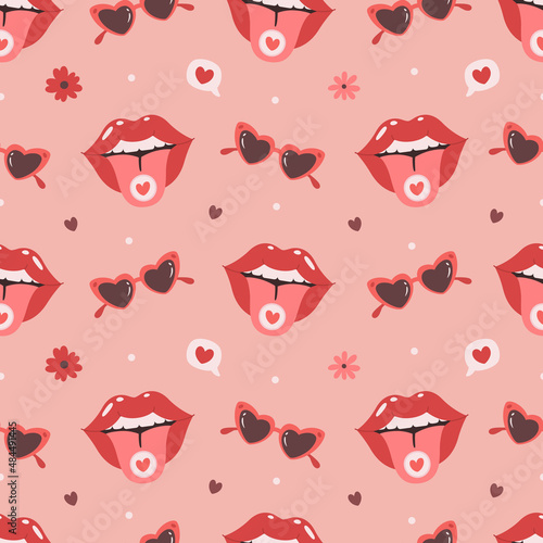Valentines Day seamless pattern. Heart glasses and lips. Romantic, love and Valentines Day concept. Hand drawn vector illustration