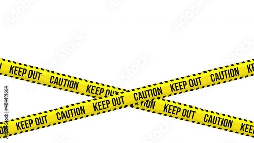 Police Tape.  Yellow tape with caution message. Tape unreeling and tearing animation. Transparent alpha background.