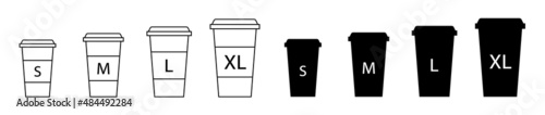 Coffee cup icons of small, large, medium size. Vector flat paper cup for drink, take, takeaway. Americano plastic coffe for business and takeout.Tall different, beverage mugs, sizes.Cafe illustration