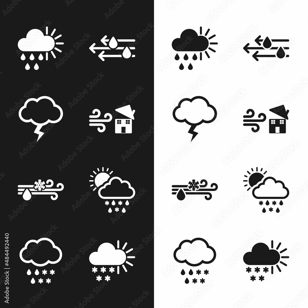 Obraz premium Set Tornado swirl, Storm, Cloudy with rain and sun, Wind, snow, snow, rain,, and icon. Vector