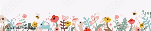 Fairy floral spring horizontal banner. Bee  flowers  plants  cute rabbits and bunnies in pastel colors. Modern minimalist poster  greeting card  header for website