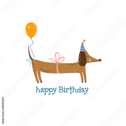 Cute cartoon dachshund wishes happy birthday. Greeting card.