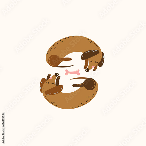 Two cute cartoon dachshunds near the bone. Children's prnit.