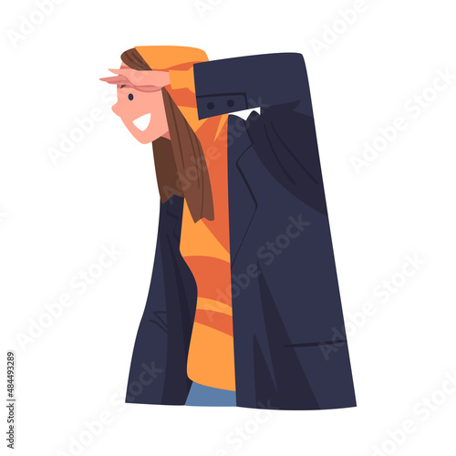 Woman Looking Far at Something Interesting Holding Hand Near Forehead Vector Illustration