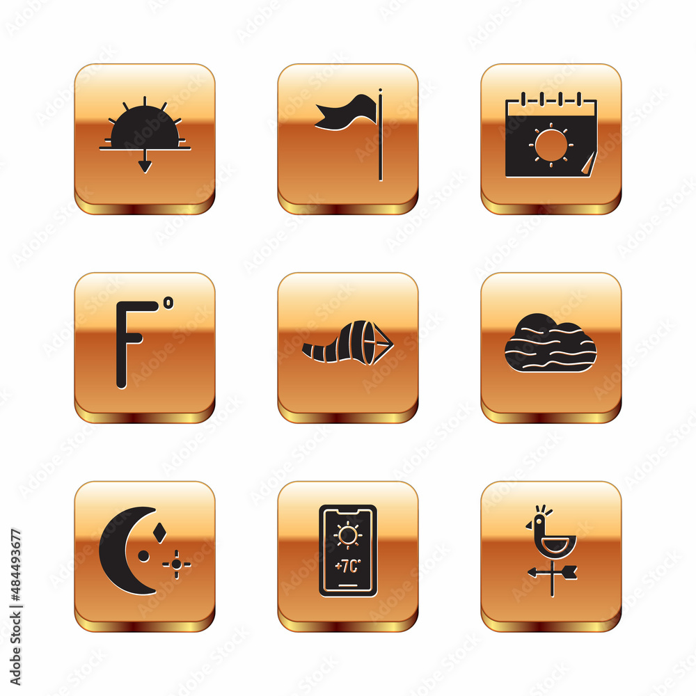 Set Sunset, Moon and stars, Weather forecast, Cone meteorology windsock wind vane, Fahrenheit, Calendar sun, Rooster weather and Meteorology icon. Vector Set Sunset, Moon and stars, Weather forecast, Cone meteorology windsock wind vane, Fahrenheit, Calendar sun, Rooster weather and Meteorology icon. Vector