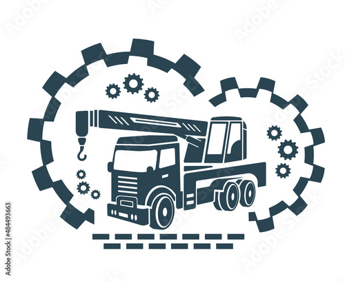 Vector illustration, logo, truck, lifting crane. Construction equipment.