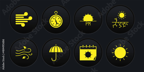 Set Wind, Drought, Umbrella, Calendar and sun, Sunset, Compass, and icon. Vector