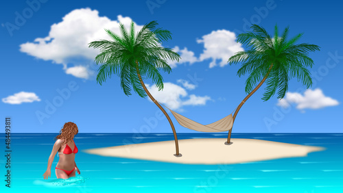 girl in red bikini walking in the sea looking at the hammock on the small island