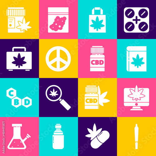 Set Marijuana joint, Monitor and marijuana or cannabis, Book, Shopping paper bag of, Peace, box, Medical bottle with and icon. Vector