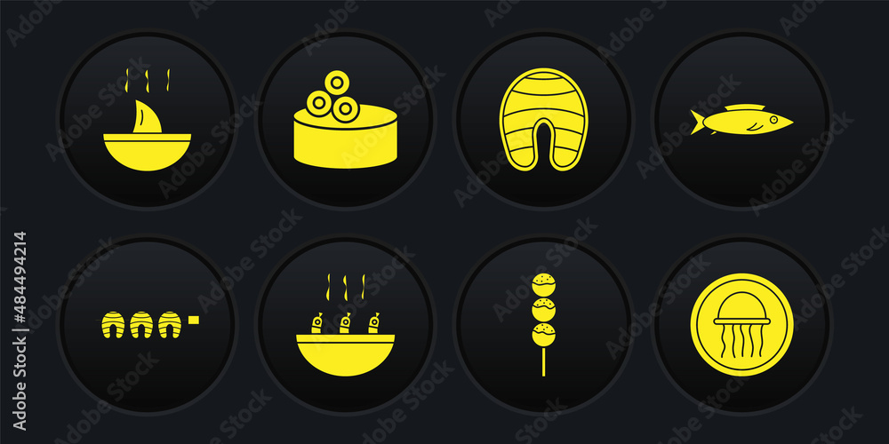 Set Grilled fish steak, Fish, Soup with shrimps, Takoyaki on stick, Tin can caviar, Jellyfish plate and Shark fin soup icon. Vector Set Grilled fish steak, Fish, Soup with shrimps, Takoyaki on stick, Tin can caviar, Jellyfish plate and Shark fin soup icon. Vector