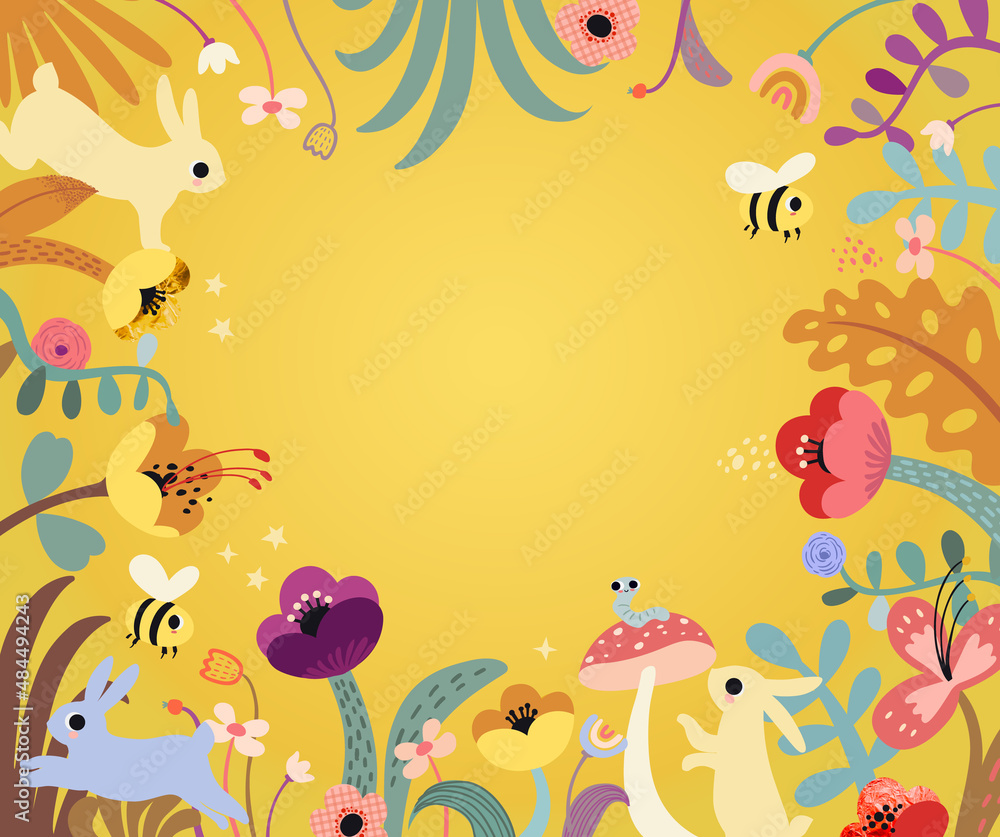 Obraz premium Spring banner background. Flowers, plants, and bunny. Colorful modern flat style. Poster, greeting card, header,