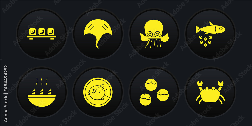 Set Soup with shrimps, Fish caviar, Puffer fish on plate, Takoyaki, Octopus, Stingray, Crab and Sushi cutting board icon. Vector Set Soup with shrimps, Fish caviar, Puffer fish on plate, Takoyaki, Octopus, Stingray, Crab and Sushi cutting board icon. Vector
