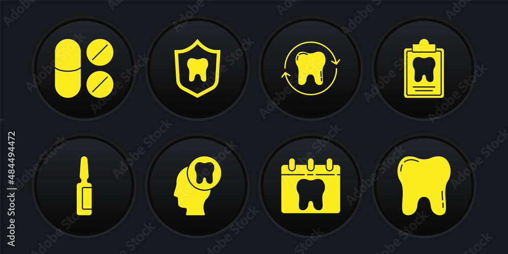 Set Painkiller tablet, Dental card, Human head with tooth, Calendar, Tooth whitening, protection, and icon. Vector Set Painkiller tablet, Dental card, Human head with tooth, Calendar, Tooth whitening, protection, and icon. Vector