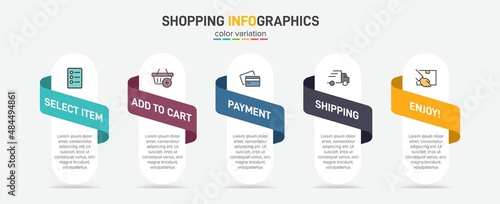 Concept of shopping process with 5 successive steps. Five colorful graphic elements. Timeline design for brochure, presentation, web site. Infographic design layout.