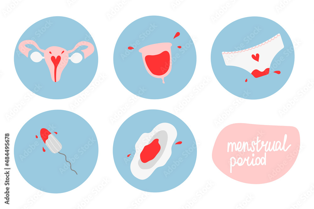 Menstrual period icon set. Set of hand drawn images: menstrual cups, uterus, tampon, pads, panties, hearts. Female hygiene products. Menstrual period icon set. Set of hand drawn images: menstrual cups, uterus, tampon, pads, panties, hearts. Female hygiene products.