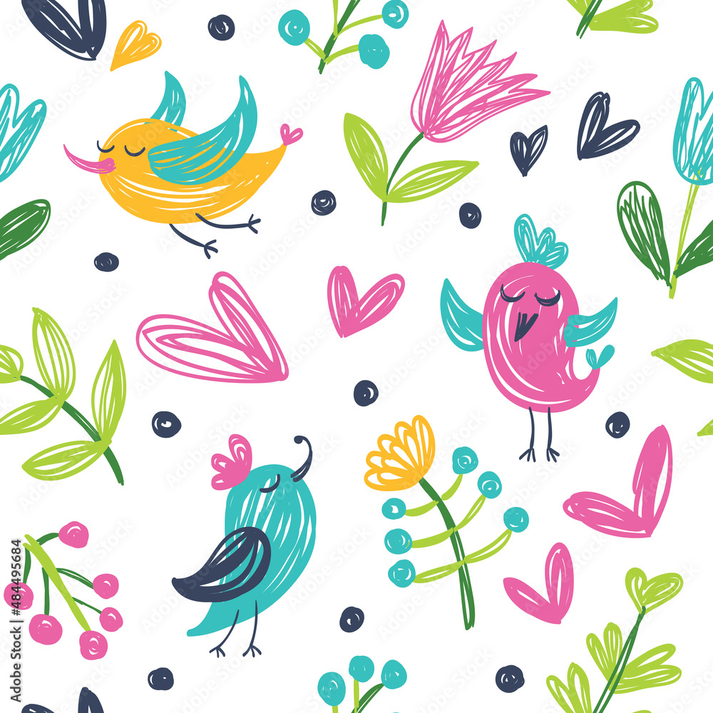 Seamless summer pattern with cute birds, flowers and clouds.
