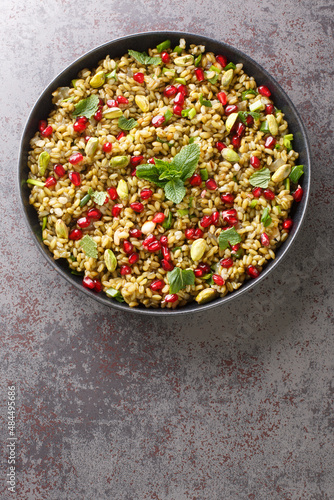 Freekeh salad with pomegranate seeds, pistachios, mint and spring onion close-up in a plate on the table. Vertical top view from above
