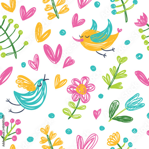 Seamless summer pattern with cute birds, flowers and clouds.