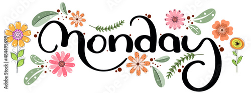 Happy MONDAY. Monday days of the week with flowers and leaves. Illustration (Monday)