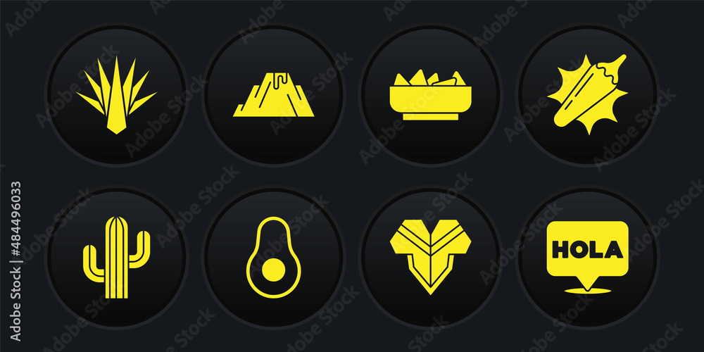 Set Cactus, Hot chili pepper pod, Avocado fruit, Poncho, Nachos in bowl, Volcano eruption with lava, Hola and Agave icon. Vector Set Cactus, Hot chili pepper pod, Avocado fruit, Poncho, Nachos in bowl, Volcano eruption with lava, Hola and Agave icon. Vector