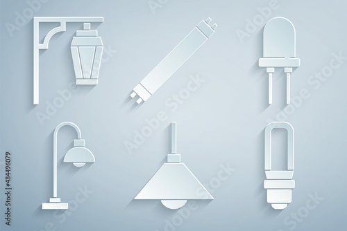Set Lamp hanging, Light emitting diode, Floor lamp, LED light bulb, Fluorescent and Vintage street icon. Vector