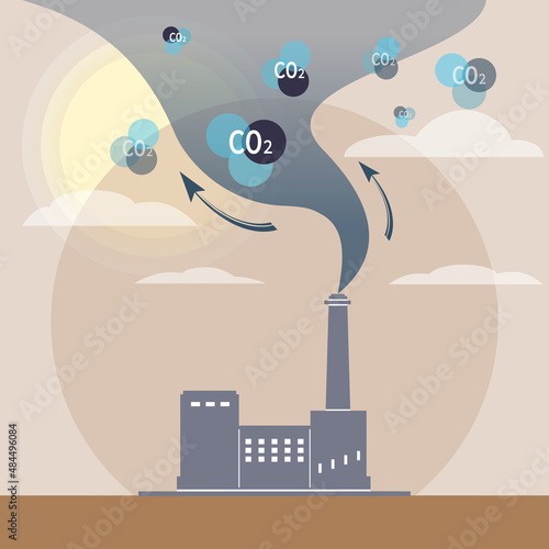 Factory chimney with smoke cloud and CO2. Emissions of carbon dioxide. Planet air pollution concept. Greenhouse gases and global warming. flat style