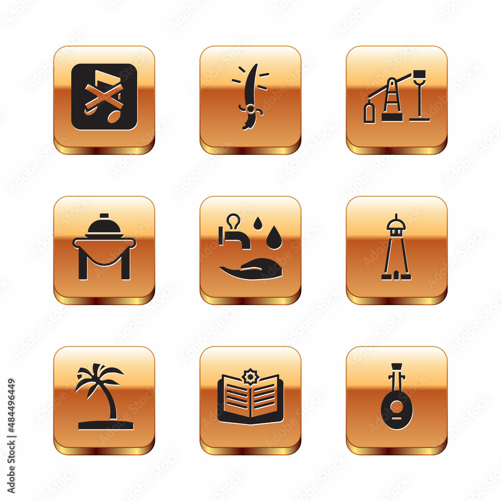 Set Speaker mute, Tropical palm tree, Holy book of Koran, Wudhu, Table food, Oil pump pump jack, Lute and Arabian saber icon. Vector Set Speaker mute, Tropical palm tree, Holy book of Koran, Wudhu, Table food, Oil pump pump jack, Lute and Arabian saber icon. Vector