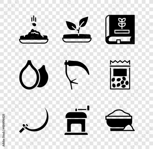 Set Seed, Sprout, Book about seeds, Sickle, Manual coffee grinder, Flour bowl, Pumpkin and Scythe icon. Vector