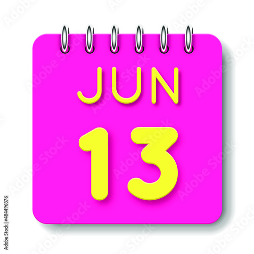 13 day of the month. June. Cute calendar daily icon. Date day week Sunday, Monday, Tuesday, Wednesday, Thursday, Friday, Saturday. Neon yellow. Pink Paper. White background.