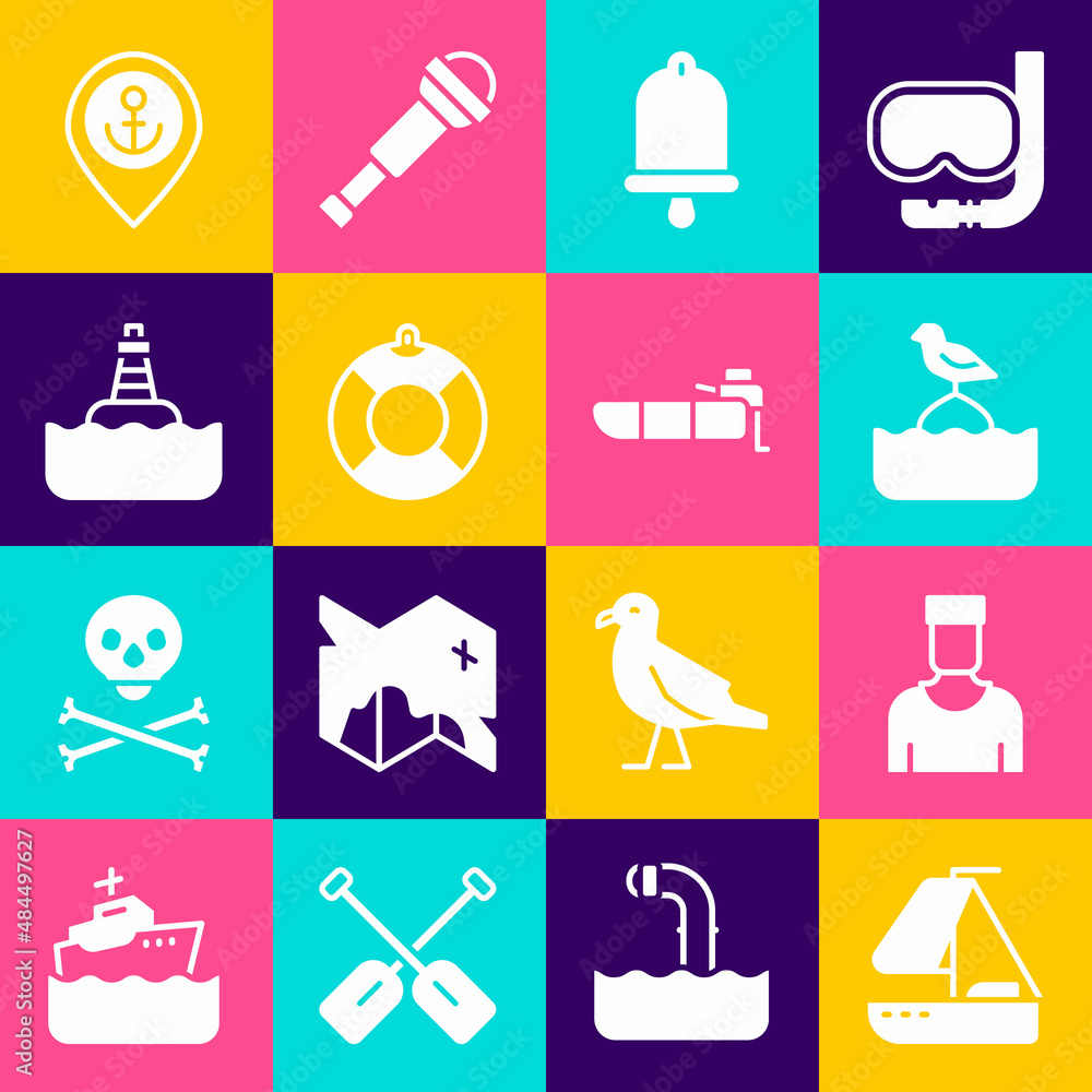 Set Yacht sailboat, Sailor captain, Seagull sits on buoy, Ship bell, Lifebuoy, Floating, Location with anchor and Inflatable motor icon. Vector Set Yacht sailboat, Sailor captain, Seagull sits on buoy, Ship bell, Lifebuoy, Floating, Location with anchor and Inflatable motor icon. Vector