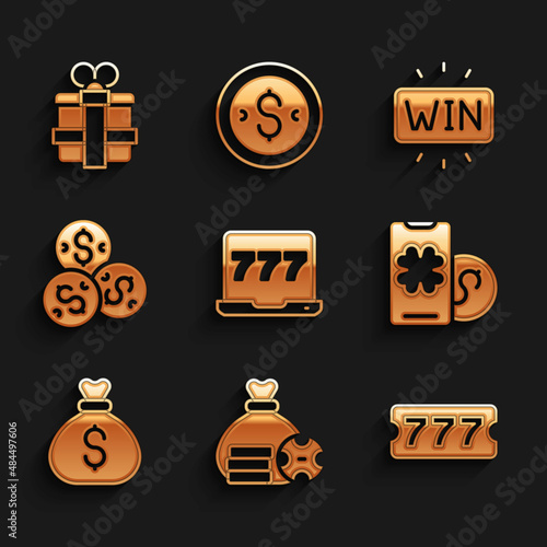 Set Laptop and slot machine, Money bag, Lottery ticket, Online poker table game, Casino chip with dollar, win and Gift box icon. Vector