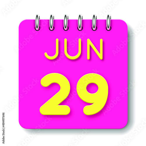 29 day of the month. June. Cute calendar daily icon. Date day week Sunday, Monday, Tuesday, Wednesday, Thursday, Friday, Saturday. Neon yellow. Pink Paper. White background.