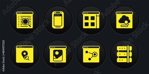 Set Infographic of city map, Cloud technology data transfer, Photo retouching, Browser window, files, Mobile phone, Server and Search engine icon. Vector