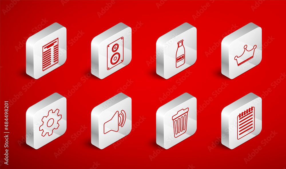 Set line Notebook, Stereo speaker, Glass bottle milk and cap, Crown, Trash can, Paper or financial check, Speaker volume and Cogwheel gear settings icon. Vector Set line Notebook, Stereo speaker, Glass bottle milk and cap, Crown, Trash can, Paper or financial check, Speaker volume and Cogwheel gear settings icon. Vector