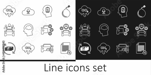 Set line Share file, Car sharing, Head with low battery, silhouette cloud, CO2 emissions, and Music streaming service icon. Vector