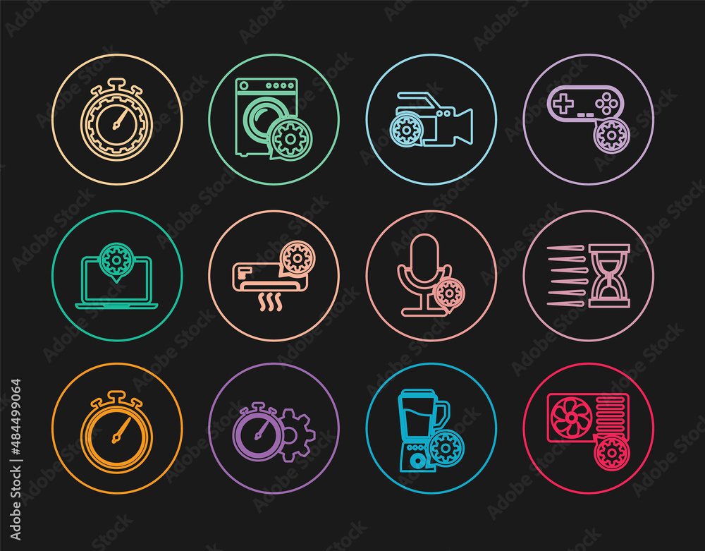 Set line Air conditioner setting, Old hourglass with sand, Video camera, Laptop, Time management, Microphone and Washer icon. Vector Set line Air conditioner setting, Old hourglass with sand, Video camera, Laptop, Time management, Microphone and Washer icon. Vector