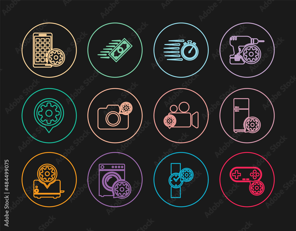 Set line Gamepad setting, Refrigerator, Stopwatch, Photo camera, Setting, Mobile Apps, Video and Fast payments icon. Vector Set line Gamepad setting, Refrigerator, Stopwatch, Photo camera, Setting, Mobile Apps, Video and Fast payments icon. Vector