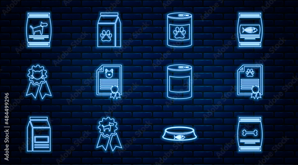 Set line Bag of food for pet, Certificate dog cat, Canned, Cat award symbol, and icon. Vector Set line Bag of food for pet, Certificate dog cat, Canned, Cat award symbol, and icon. Vector
