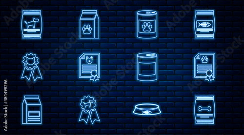 Set line Bag of food for pet, Certificate dog cat, Canned, Cat award symbol, and icon. Vector