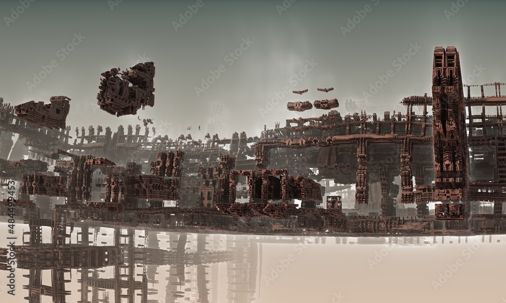 Apocalyptic urban 3d scene of abandoned buildings and constructions levitating in foggy space. Epic engineering impossible structures of nonexistent world. Dramatic cinematic abstract world.