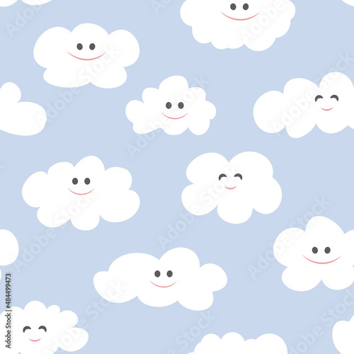 Seamless pattern with cute clouds. Children's texture on blue background. Vector illustration.