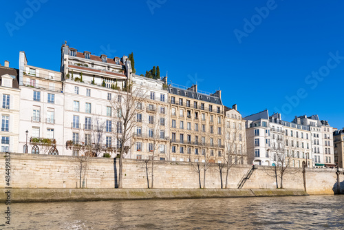 Paris, beautiful facades quai d’Orleans, on the ile Saint-Louis, sunny day in winter 