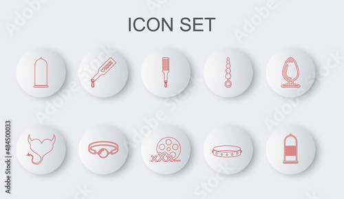 Set line Condom safe sex, Devil heart with horns, Spanking paddle, Leather fetish collar, Silicone ball gag and Film reel Sex icon. Vector
