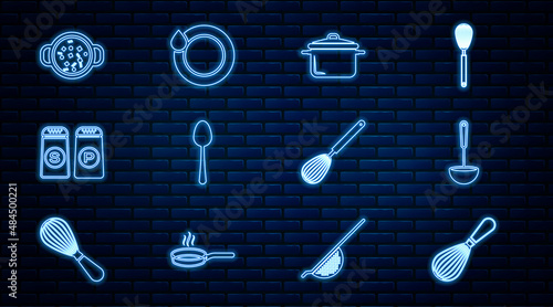 Set line Kitchen whisk, ladle, Cooking pot, Spoon, Salt and pepper, soup, and Washing dishes icon. Vector